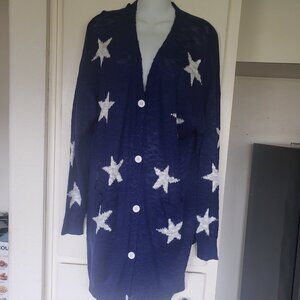 Dark Blue long Buttoned up Sweater with Stars Size L
